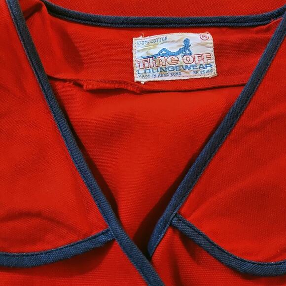 Vintage Red Loungewear Dress Blue Piping Heart Pocket Hong Kong B40 W42 -Hey Viv - Picture 7 of 8